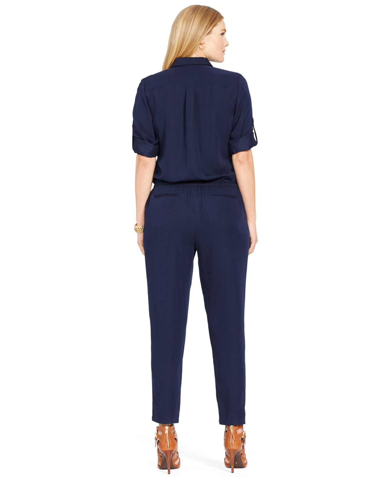 Lauren by Ralph Lauren Plus Size Long-Sleeve Jumpsuit in Blue | Lyst
