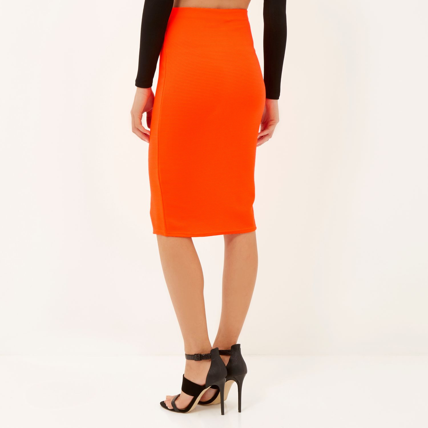 Bright Orange Zip Front Pencil Skirt