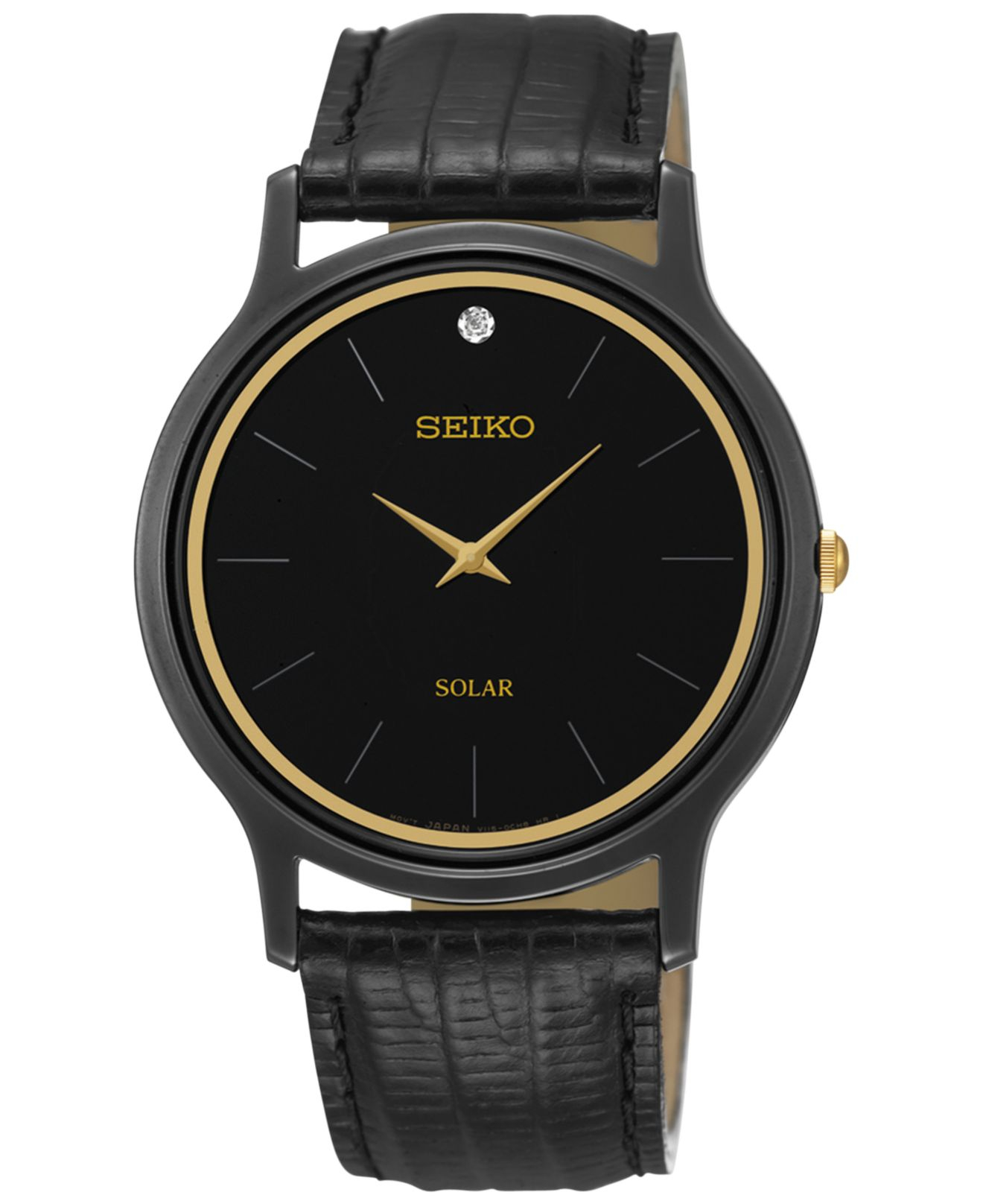 Seiko Men's Solar Diamond Accent Black Leather Strap Watch 38mm Sup875