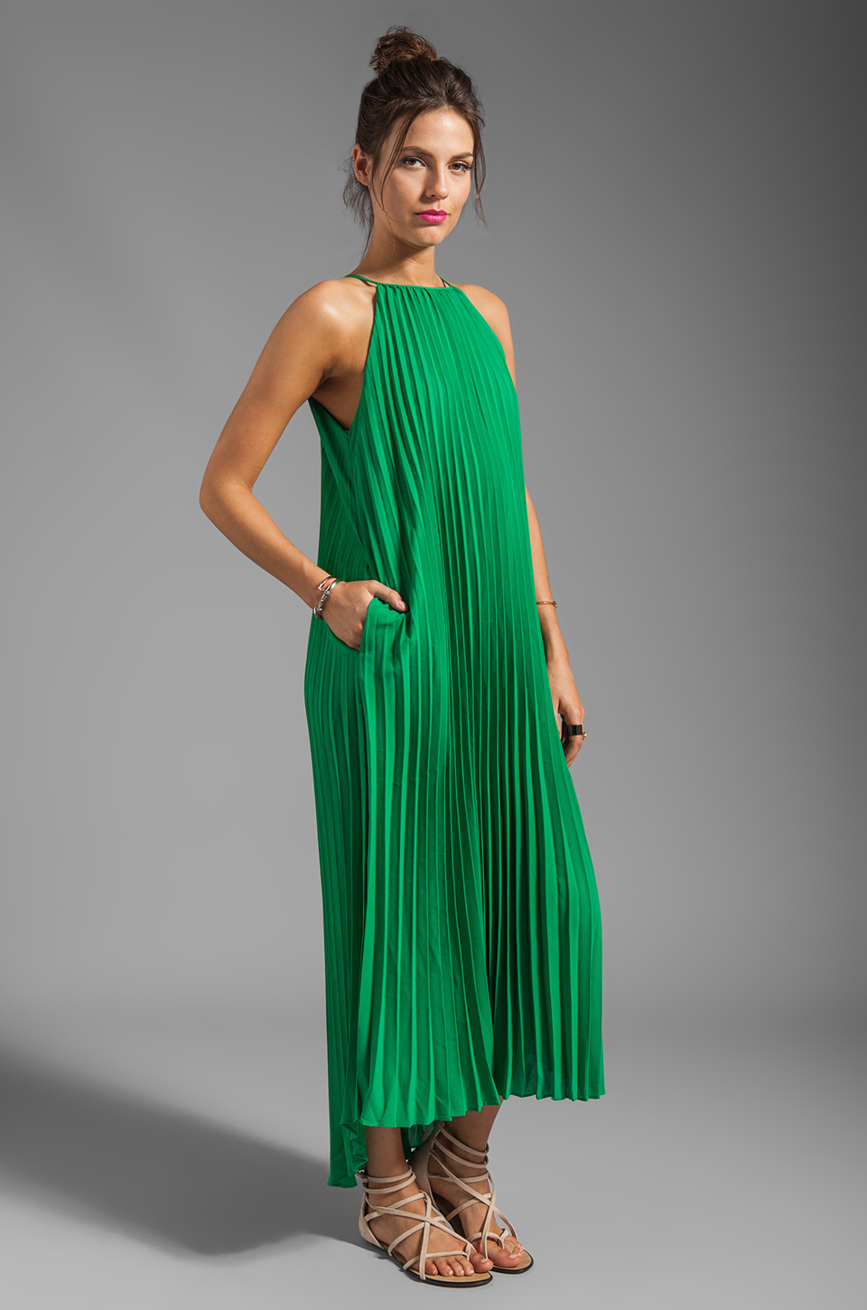 Line & Dot Pleated Maxi Dress in Green - Lyst