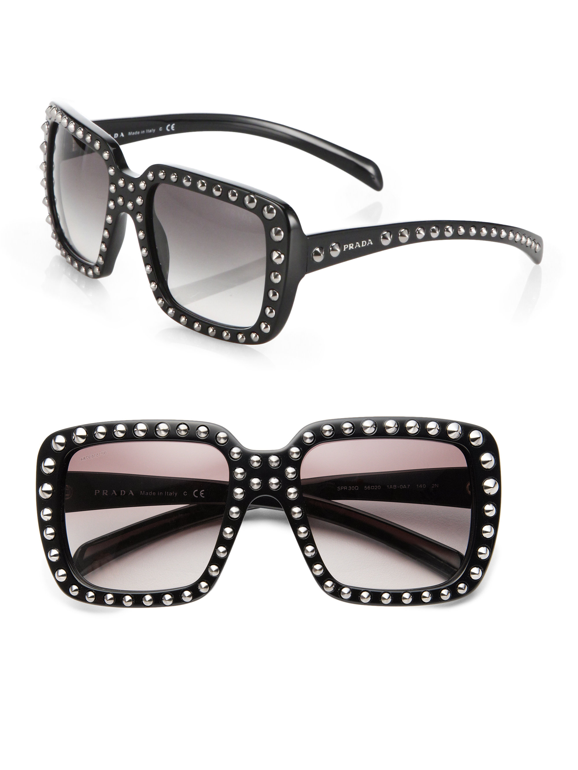 Prada 56Mm Studded Square-Frame Sunglasses in Black | Lyst