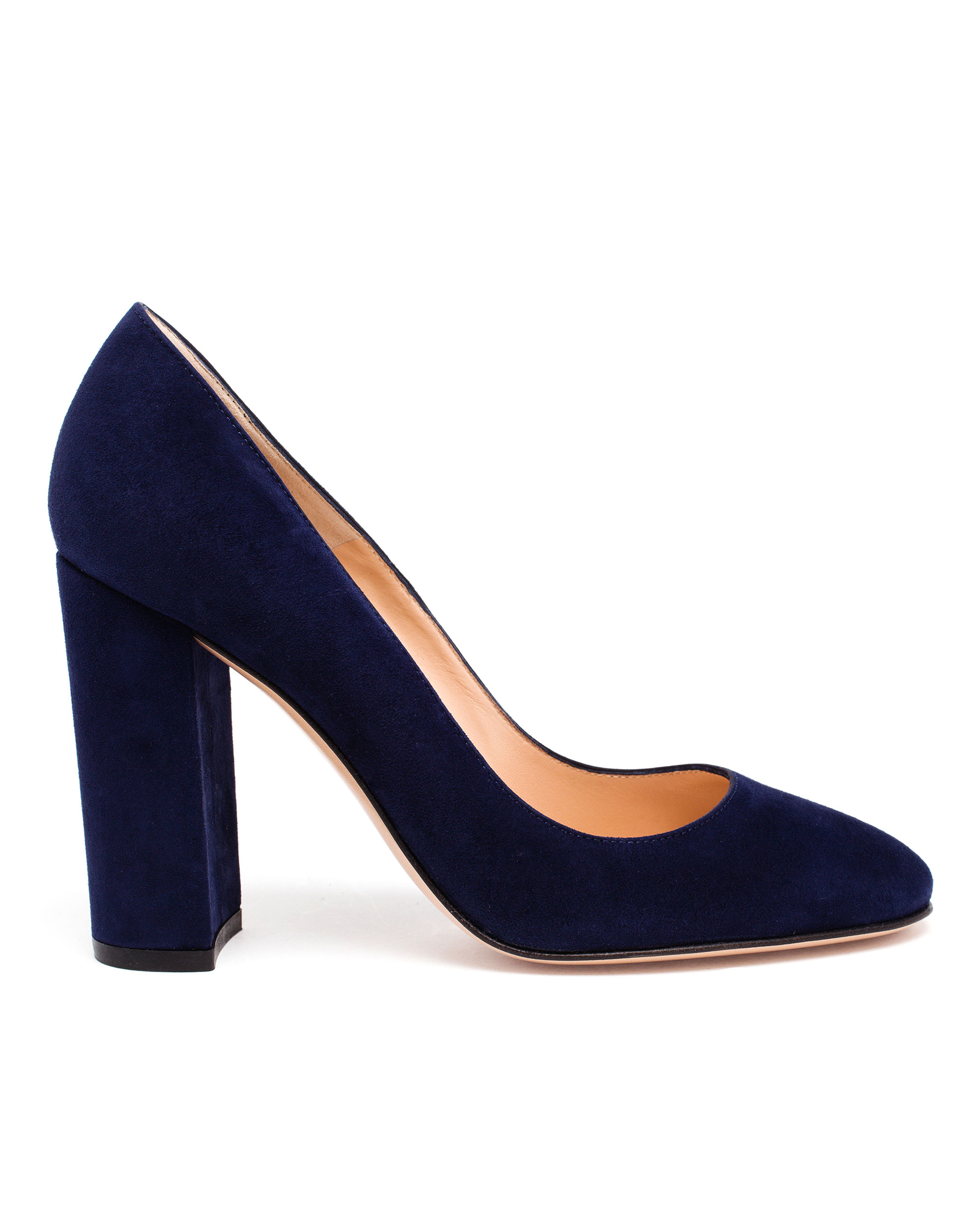 blue suede block heel pumps