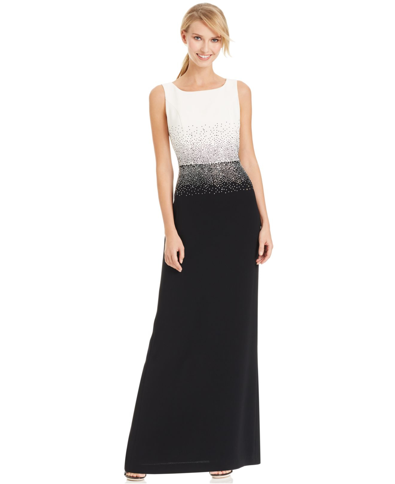 Calvin Klein Synthetic Studded Colorblocked Evening Dress in Black | Lyst
