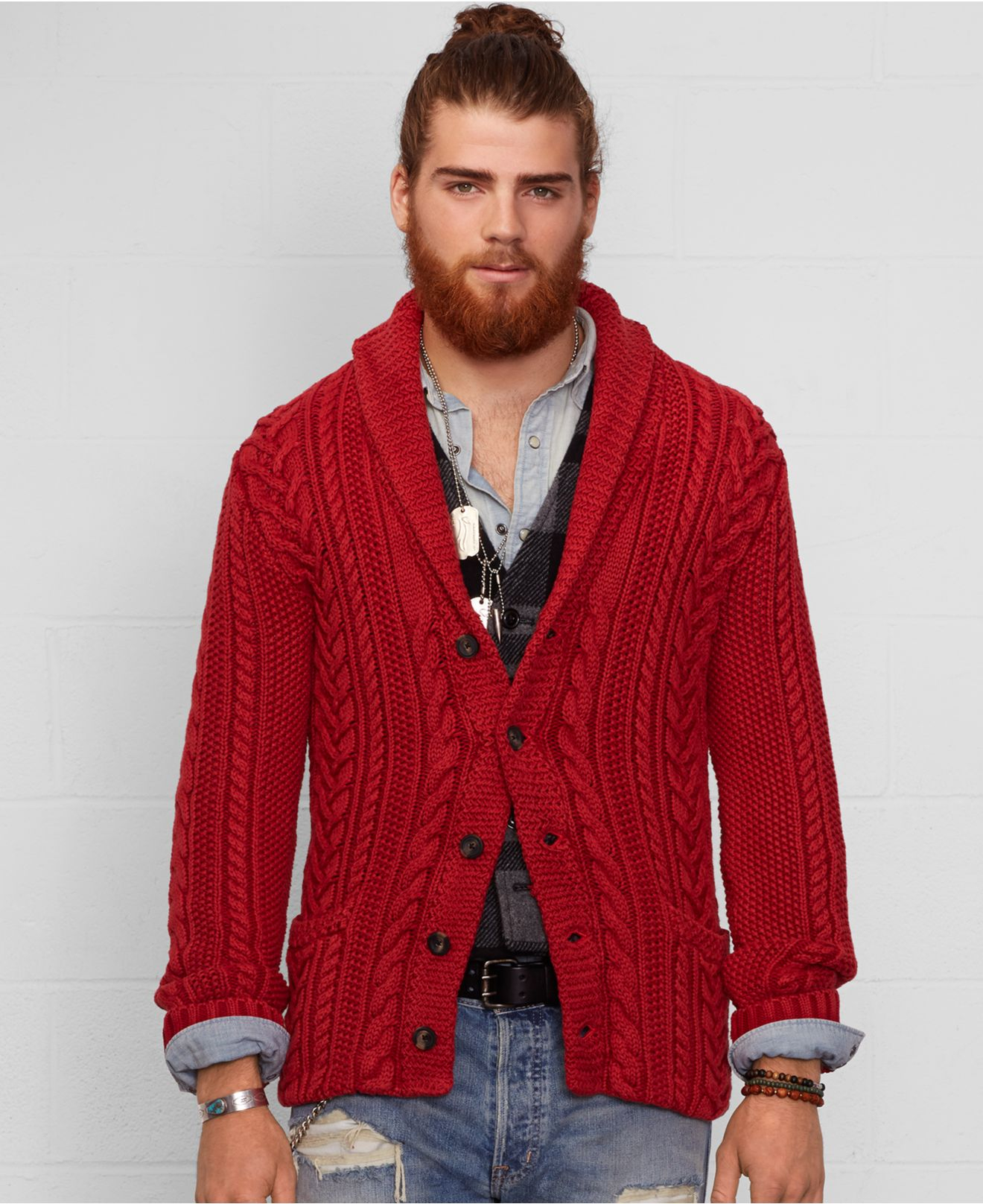 Denim & supply ralph lauren Cable Knit Shawl Cardigan in Red for Men | Lyst