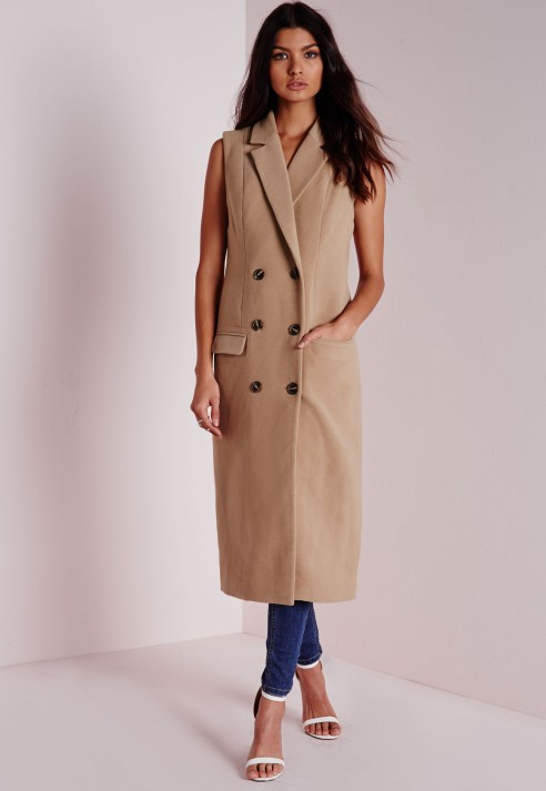 Missguided Double Breasted Sleeveless Wool Maxi Coat Camel in