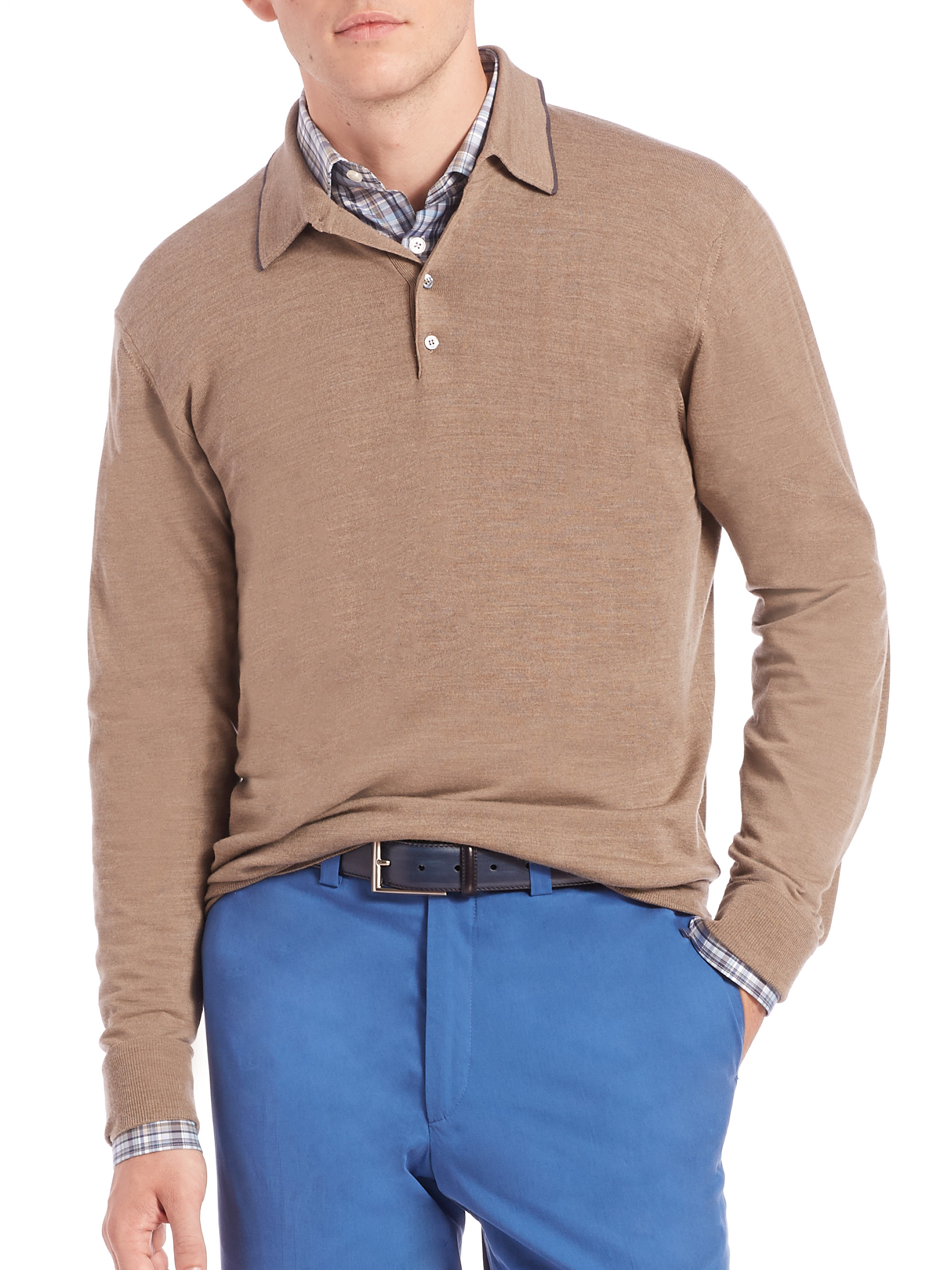 Lyst - Saks Fifth Avenue Long-sleeve Merino Wool Polo in Natural for Men