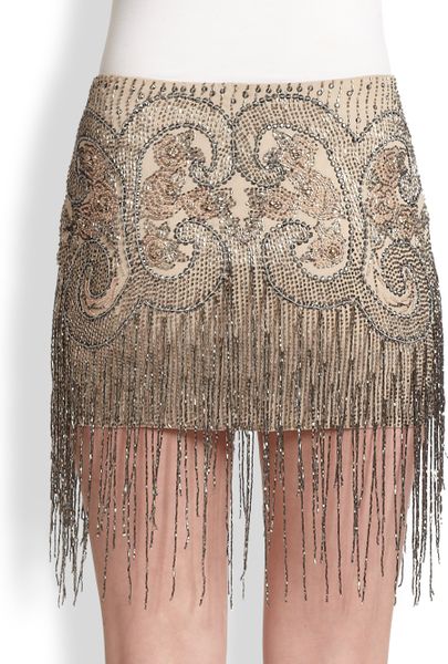 Haute Hippie Silk Beaded Fringed Mini Skirt in Brown (BUFF) | Lyst