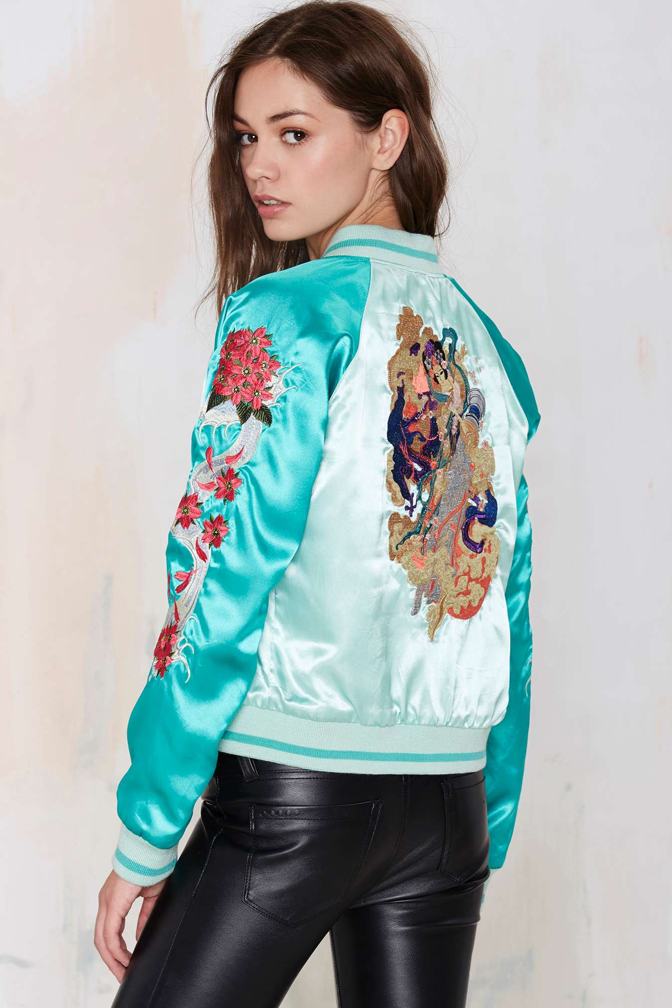 Nasty gal Vintage Chinatown Embroidered Reversible Varsity Jacket in