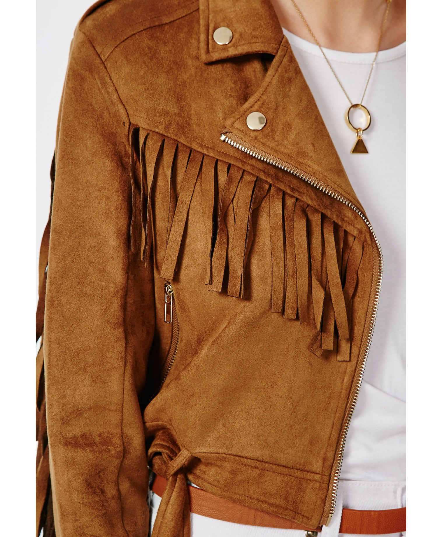 Missguided Fringed Faux Suede Biker Jacket Tan in Brown (tan) Lyst