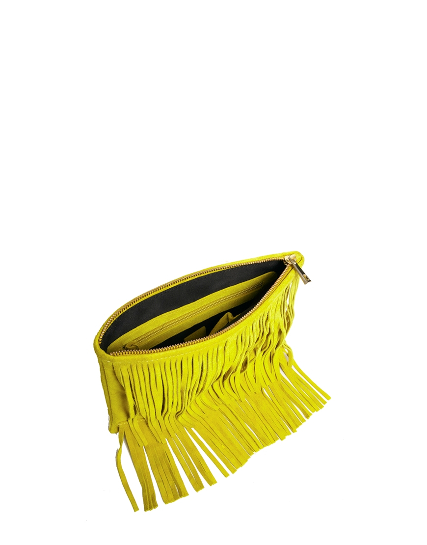 ASOS Suede Fringe Clutch Bag in Yellow Lyst