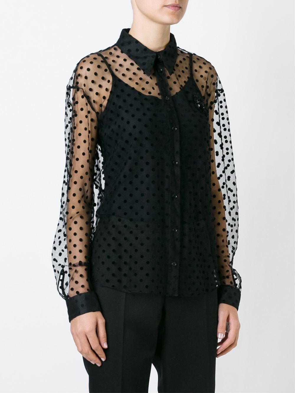 sheer black polka dot shirt