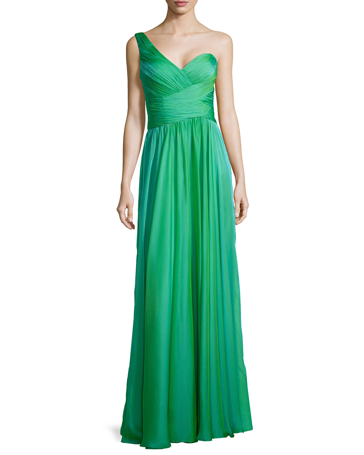 Lyst - La Femme Ruched One-shoulder Gown in Green