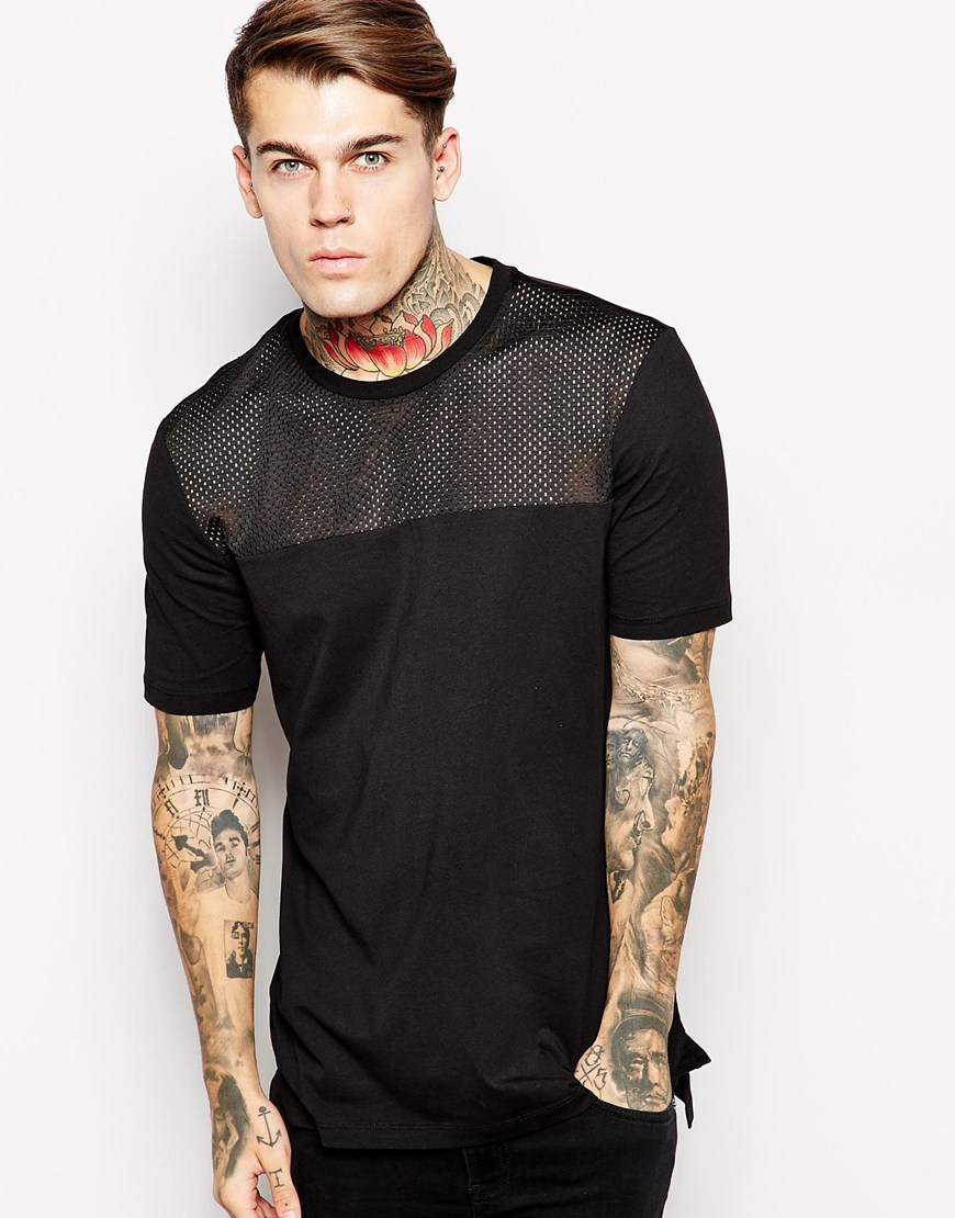 ASOS Longline T-Shirt With Mesh Panel And Stepped Hem Skater Fit in ...