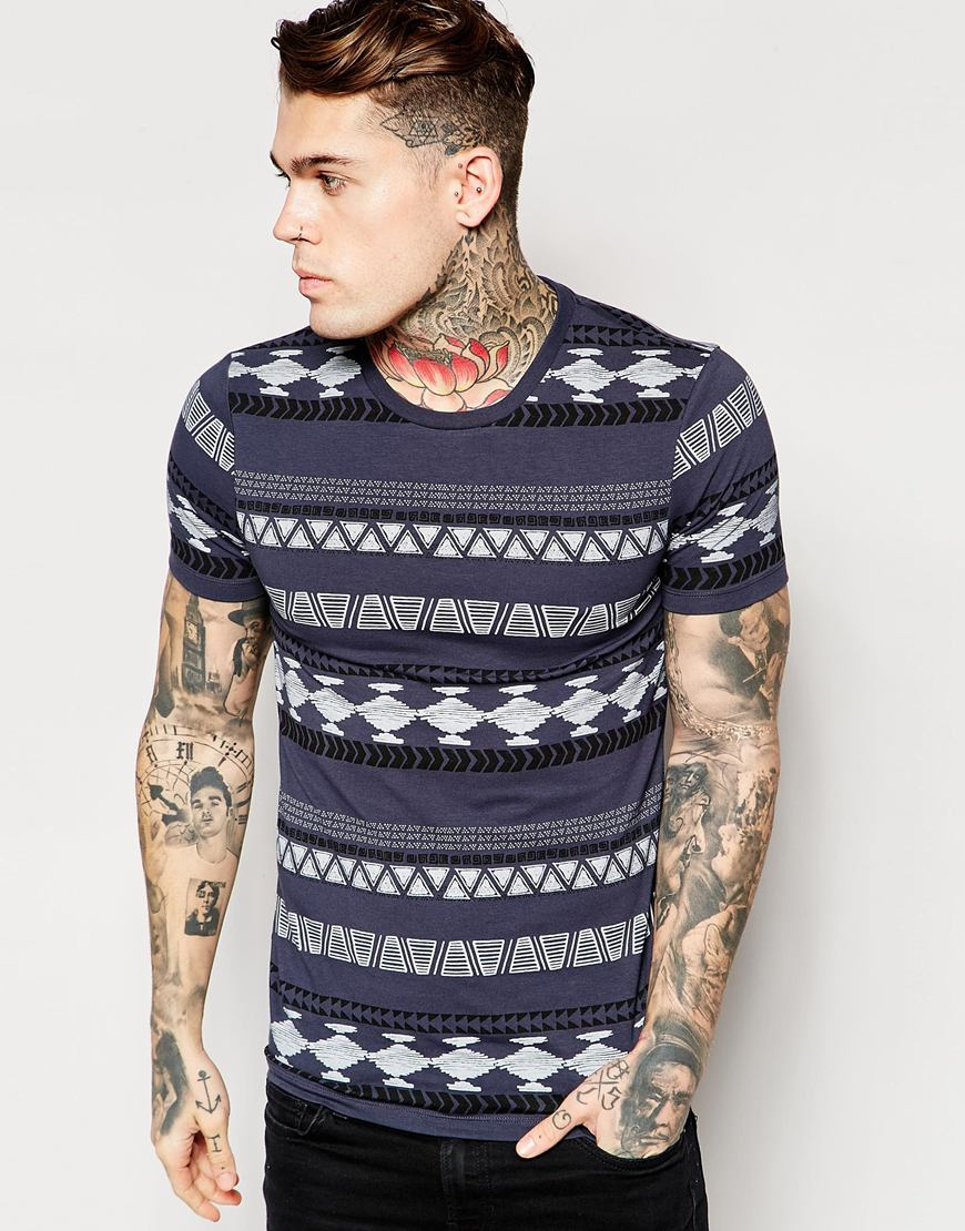 ASOS Cotton Muscle T-shirt With Aztec Print In Grey in Blue for Men - Lyst