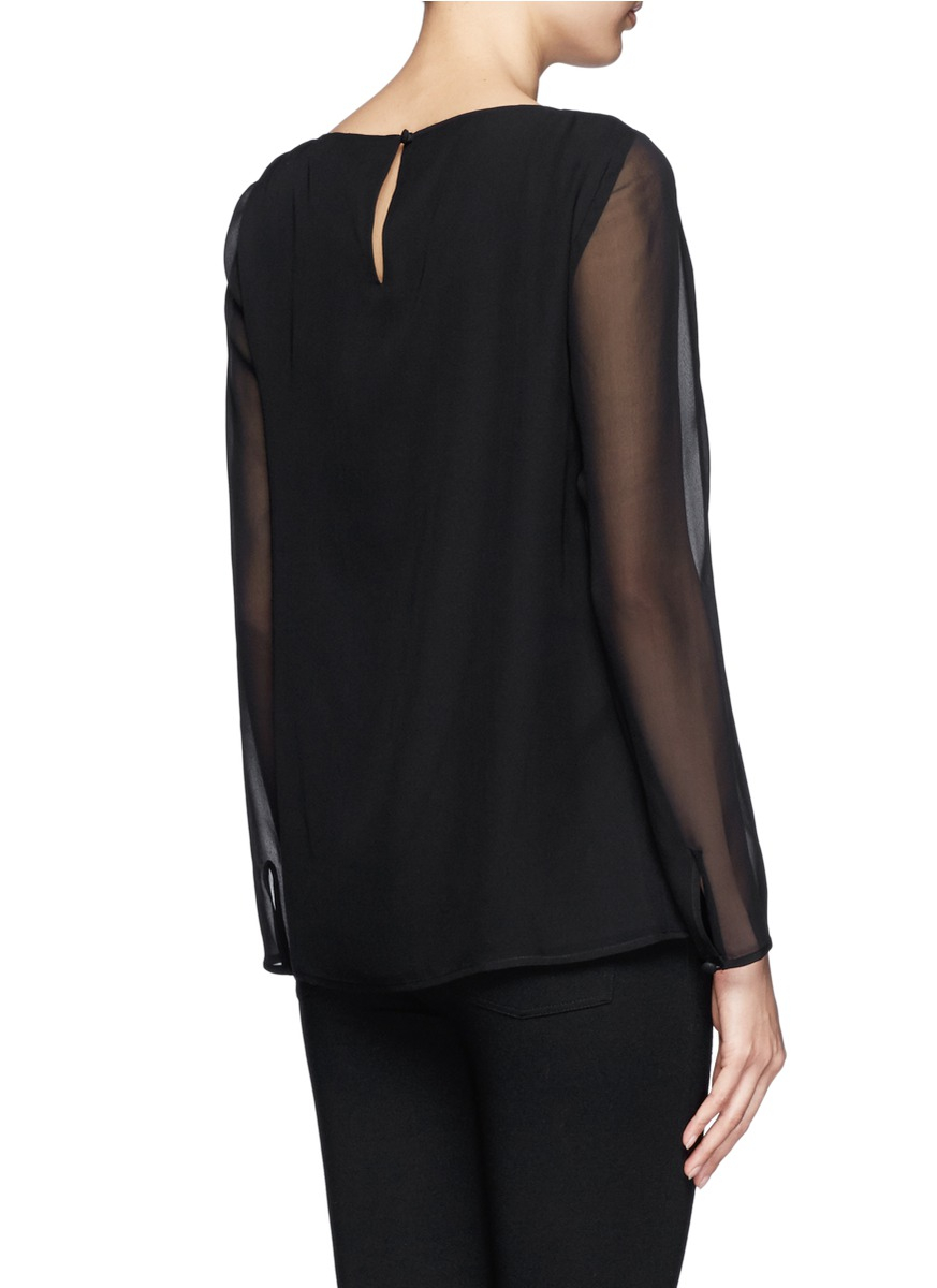 St. John Semisheer Sleeve Ruffled Silk Blouse in Black Lyst