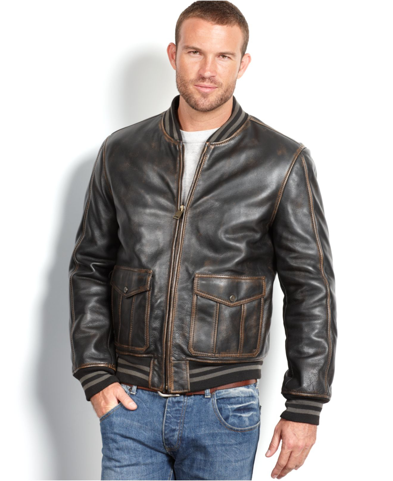 Lyst - Marc New York Canal Distressed Calf Leather Double-Pocket Bomber ...