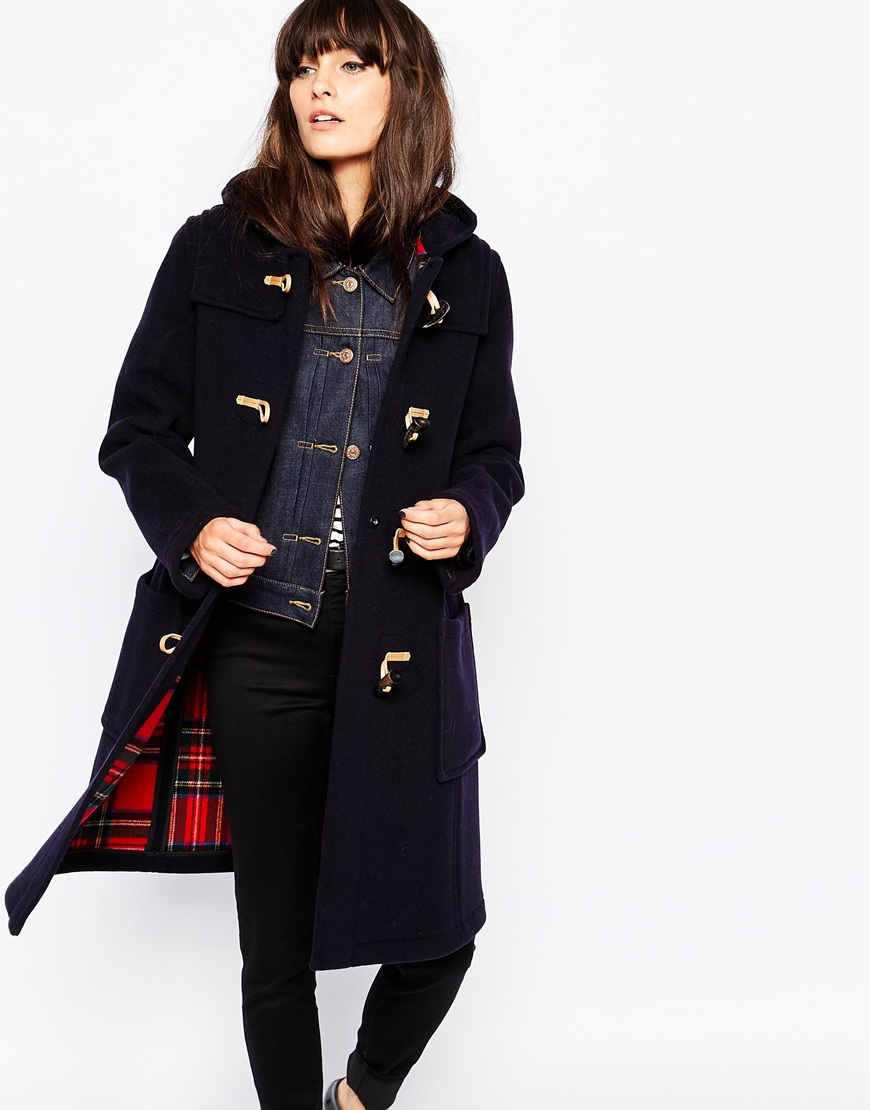 Gloverall Slim Fit Duffle Coat With Tartan Lining in Blue - Lyst