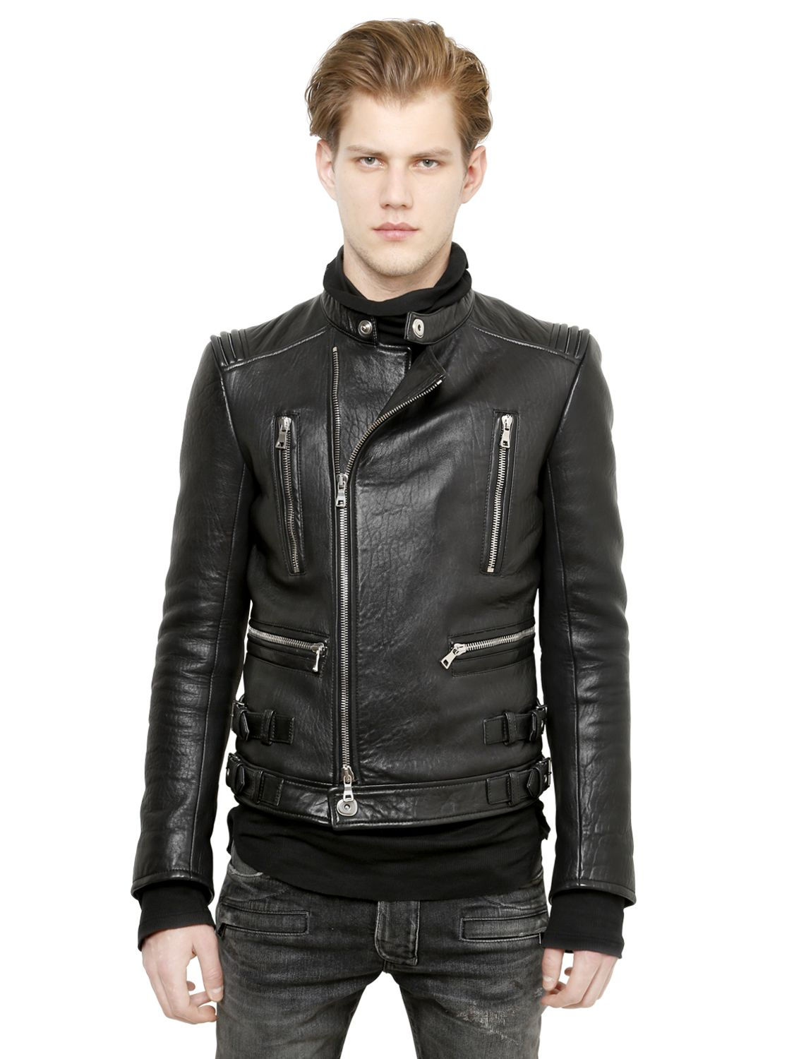 Balmain Black Padded Nappa Leather Biker Jacket For Men