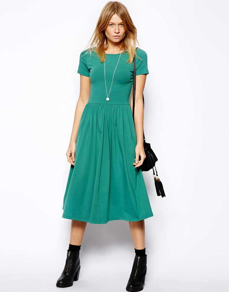 ASOS Midi Skater Dress With Short Sleeves in Green | Lyst Canada