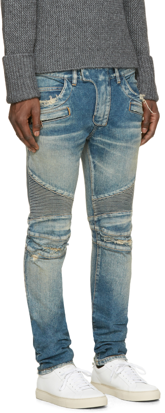 Balmain Blue Distressed Biker Jeans for Men | Lyst
