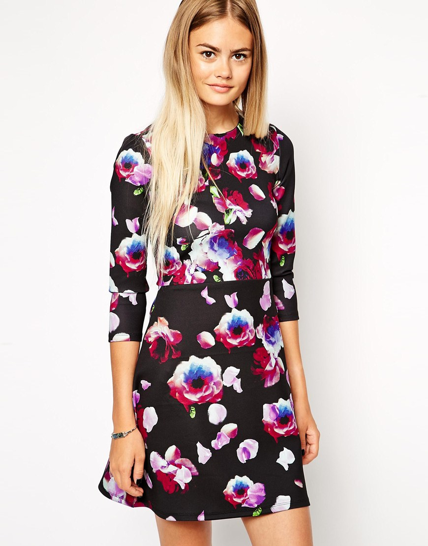 Asos Aline Scuba Dress With Long Sleeves In Petal Floral Lyst