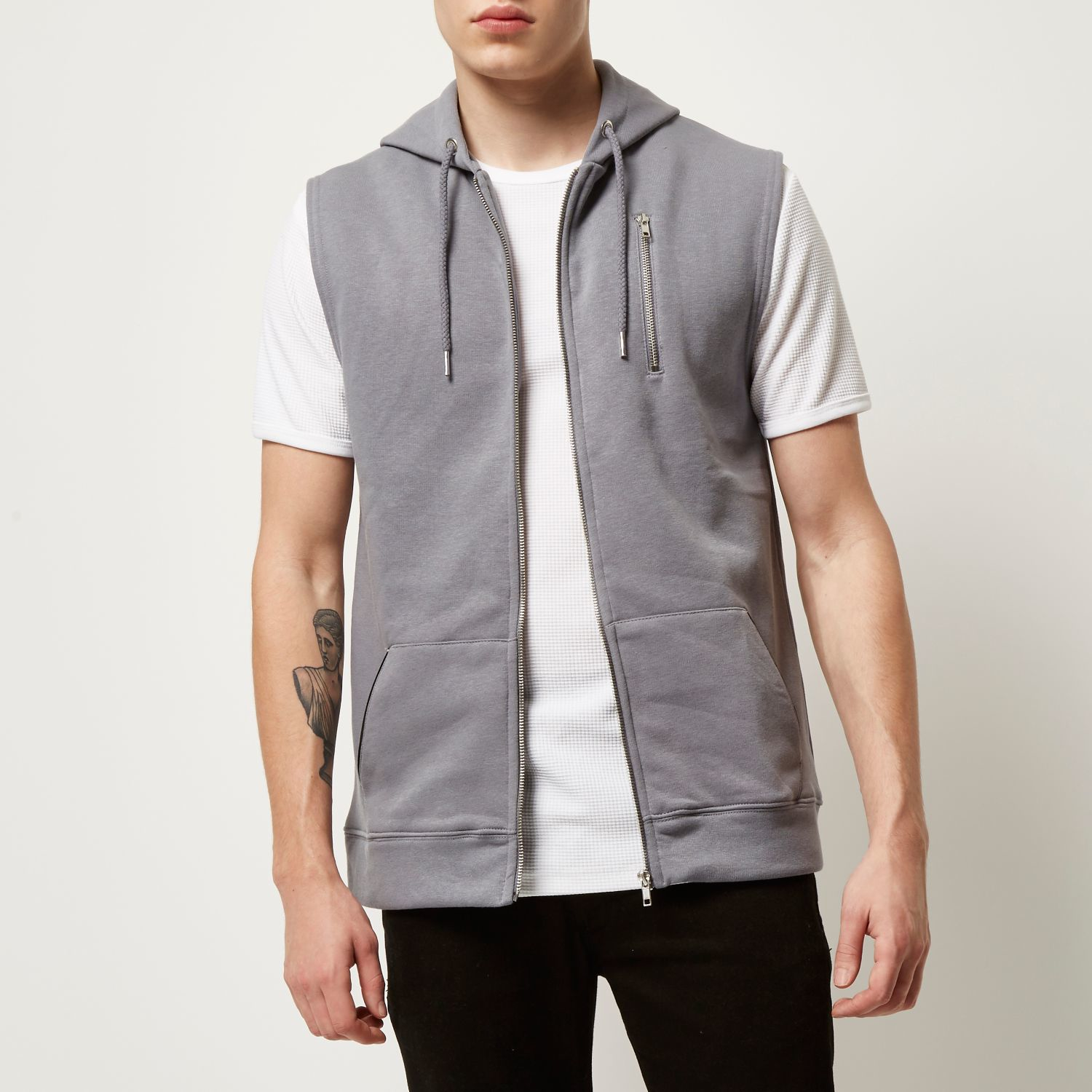 River Island Cotton Grey Zipup Sleeveless Hoodie in Gray for Men Lyst