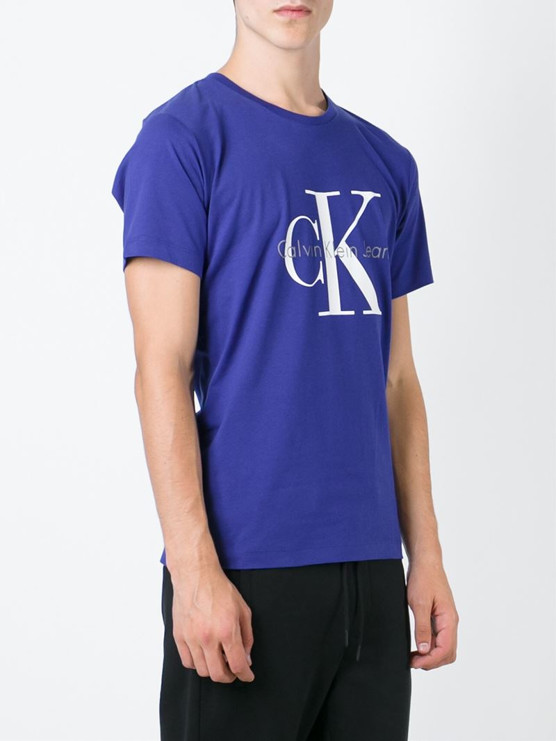 Calvin Klein Printed Cotton T-Shirt in Blue for Men - Lyst