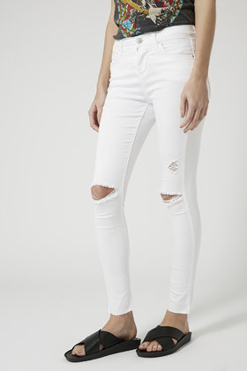 Topshop Petite Moto White Ripped Leigh Jeans in White | Lyst