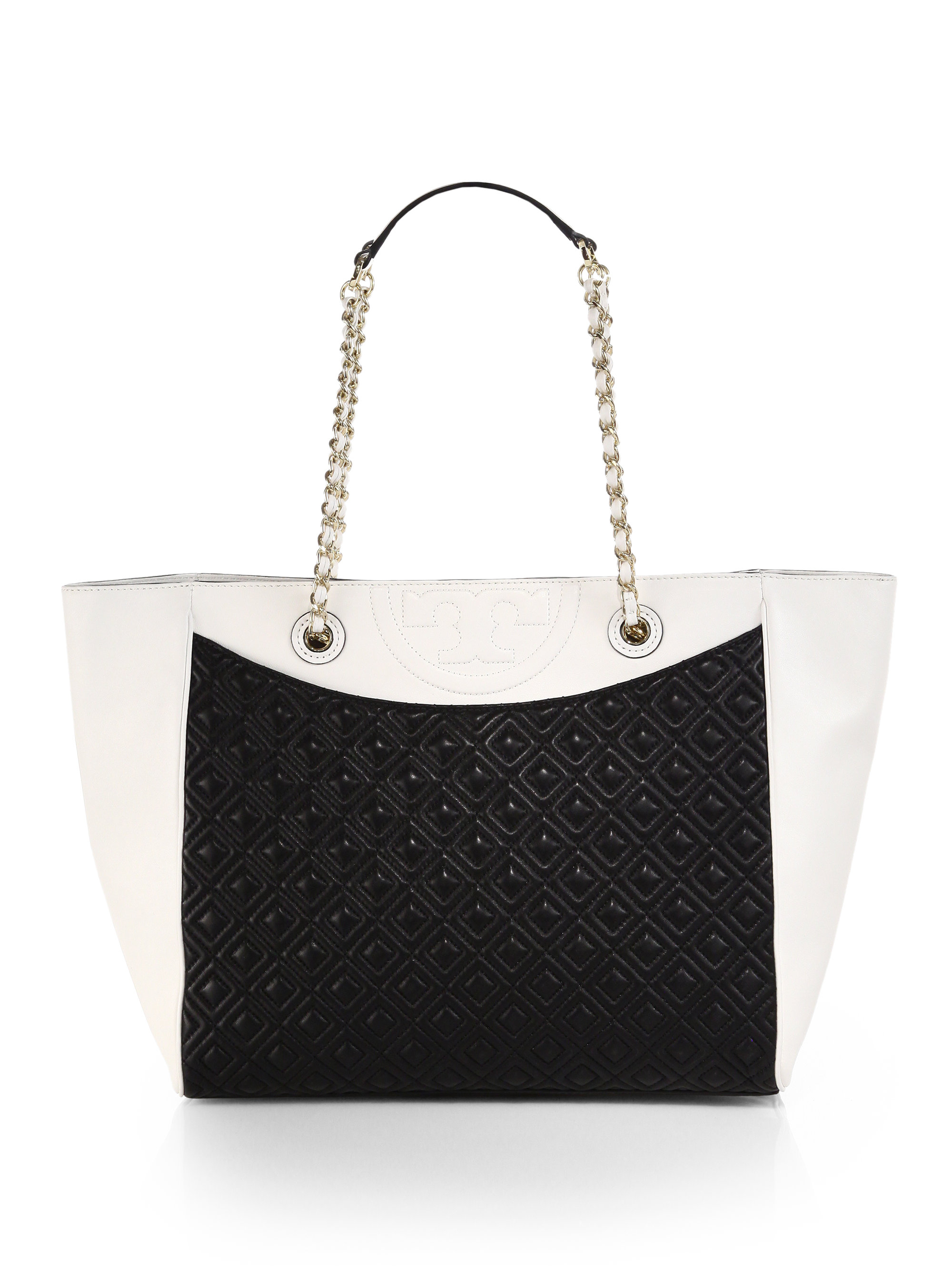 Tory Burch Fleming Quilted Colorblock Tote in Black | Lyst