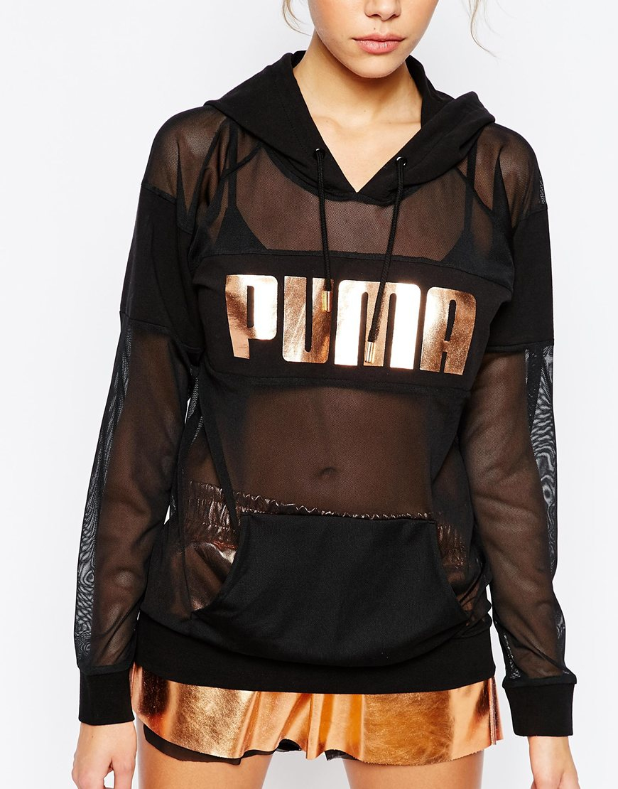 PUMA Oversized Sheer Mesh Hoodie With Rose Gold Logo in Black - Lyst