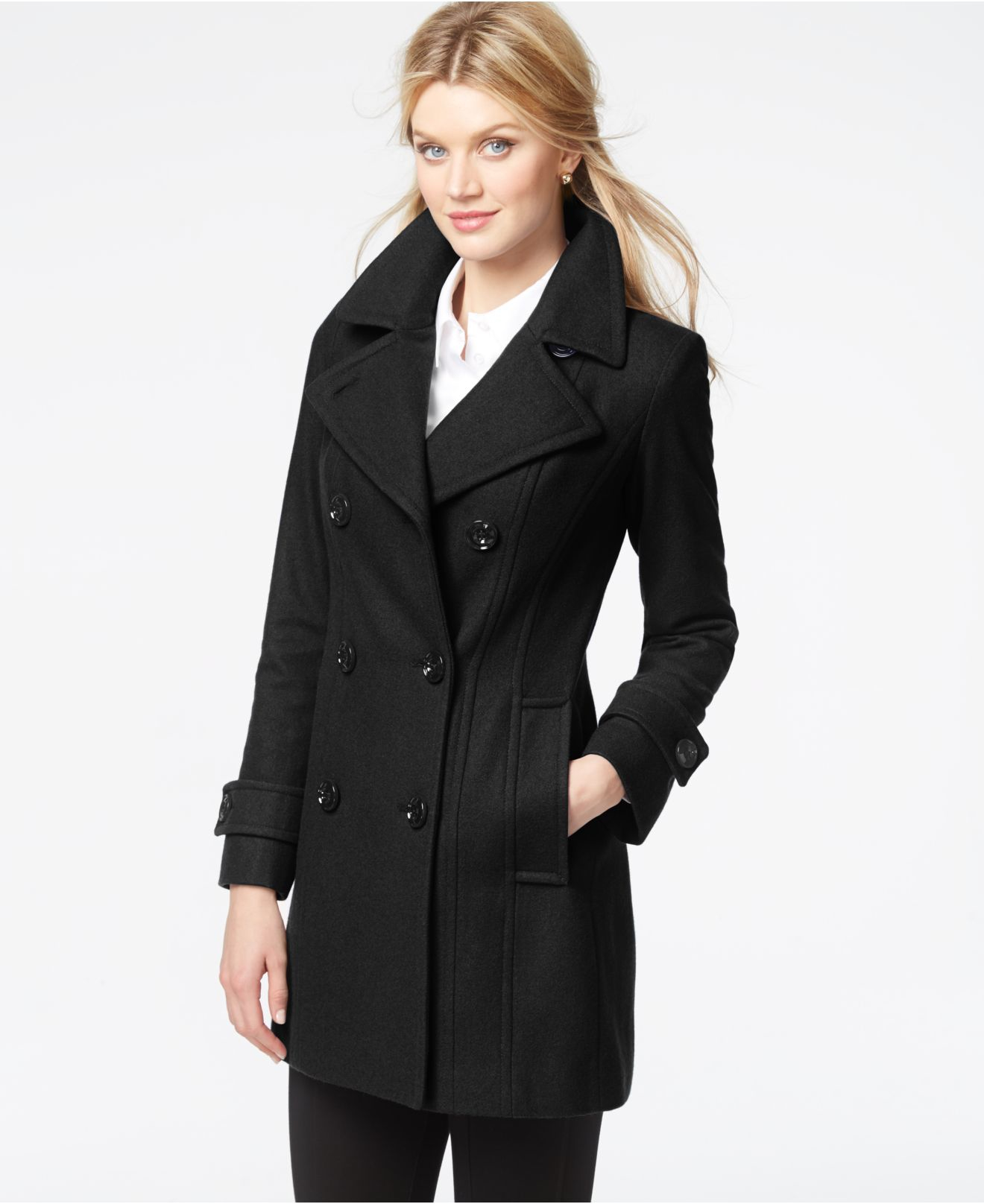 Anne klein Double-breasted Long Peacoat in Black | Lyst