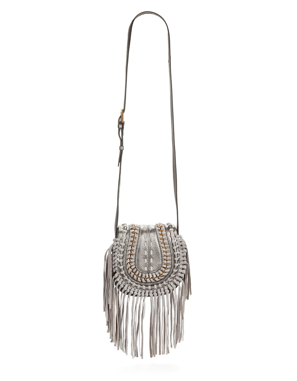 Aimee kestenberg Genny Fringed Metallic Leather Saddle Bag in Silver