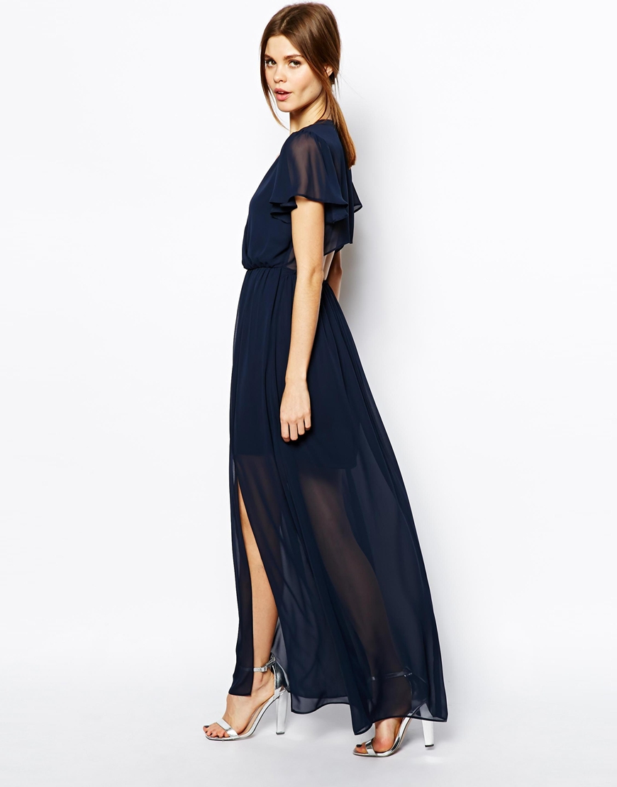 navy blue flutter sleeve dress