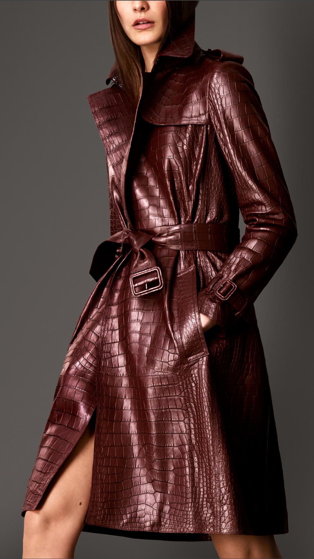 Burberry Leather Alligator Wrap Trench Coat in Maroon (Purple) - Lyst