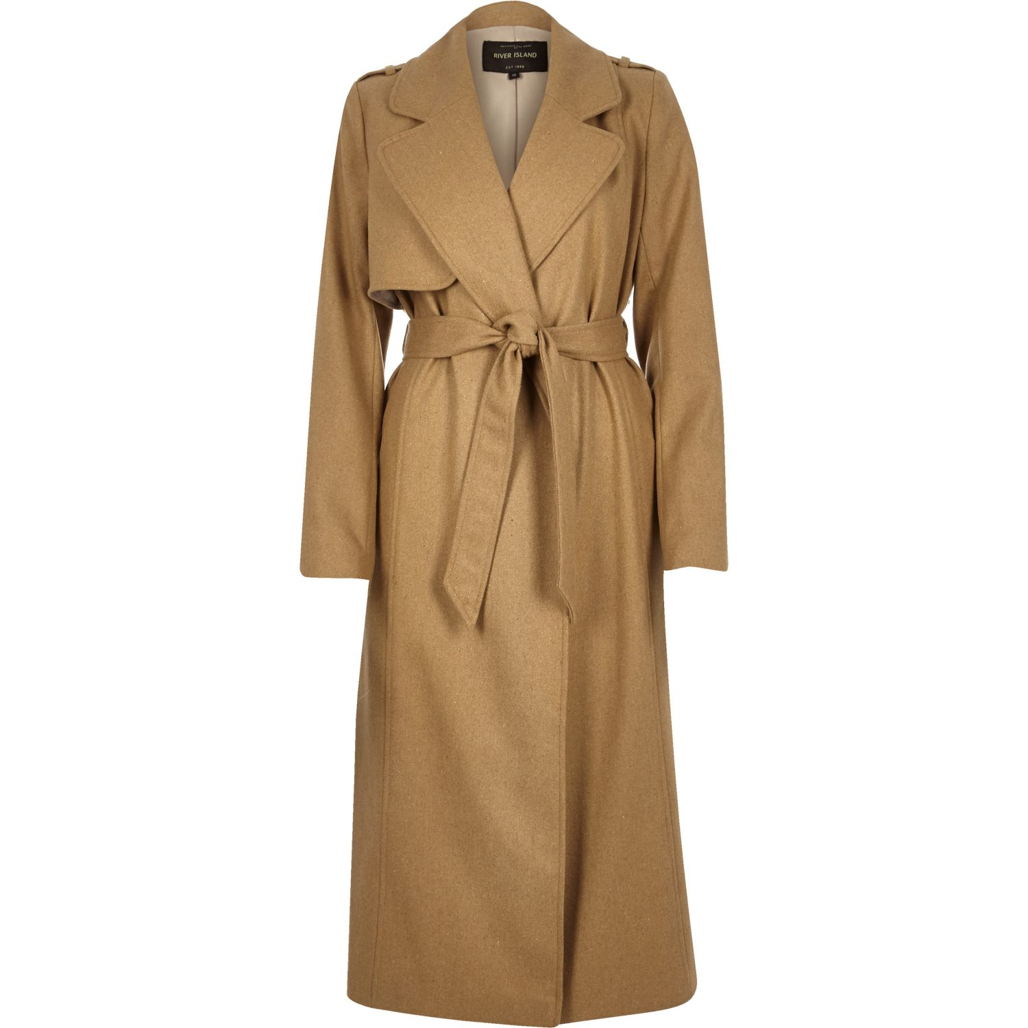 River Island Camel Wool-blend Longline Trench Coat in Natural - Lyst
