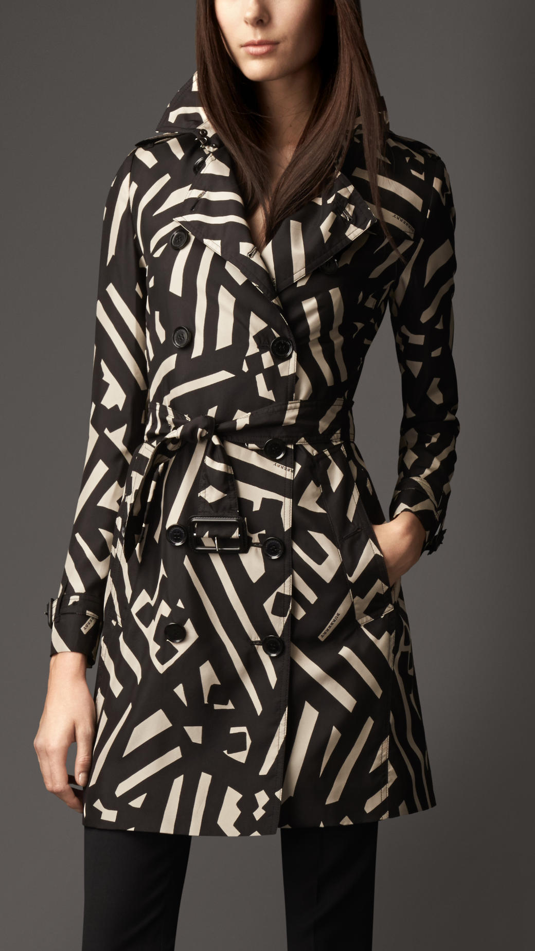 Burberry MidLength Geometric Print Silk Trench Coat in Black Lyst