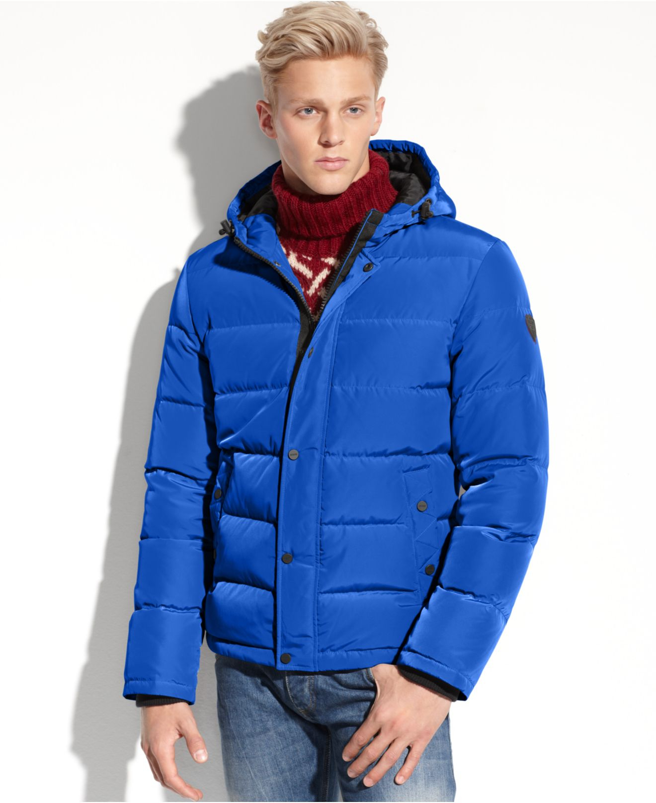 Lyst - Guess Hooded Down Performance Puffer in Blue for Men