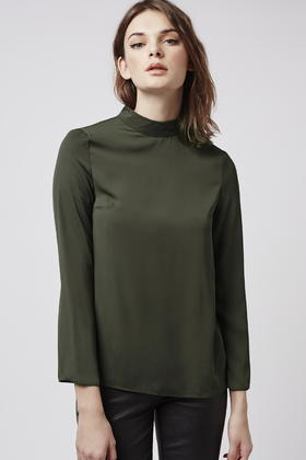 Topshop Satin High Neck Drape Top In Khaki Natural Lyst