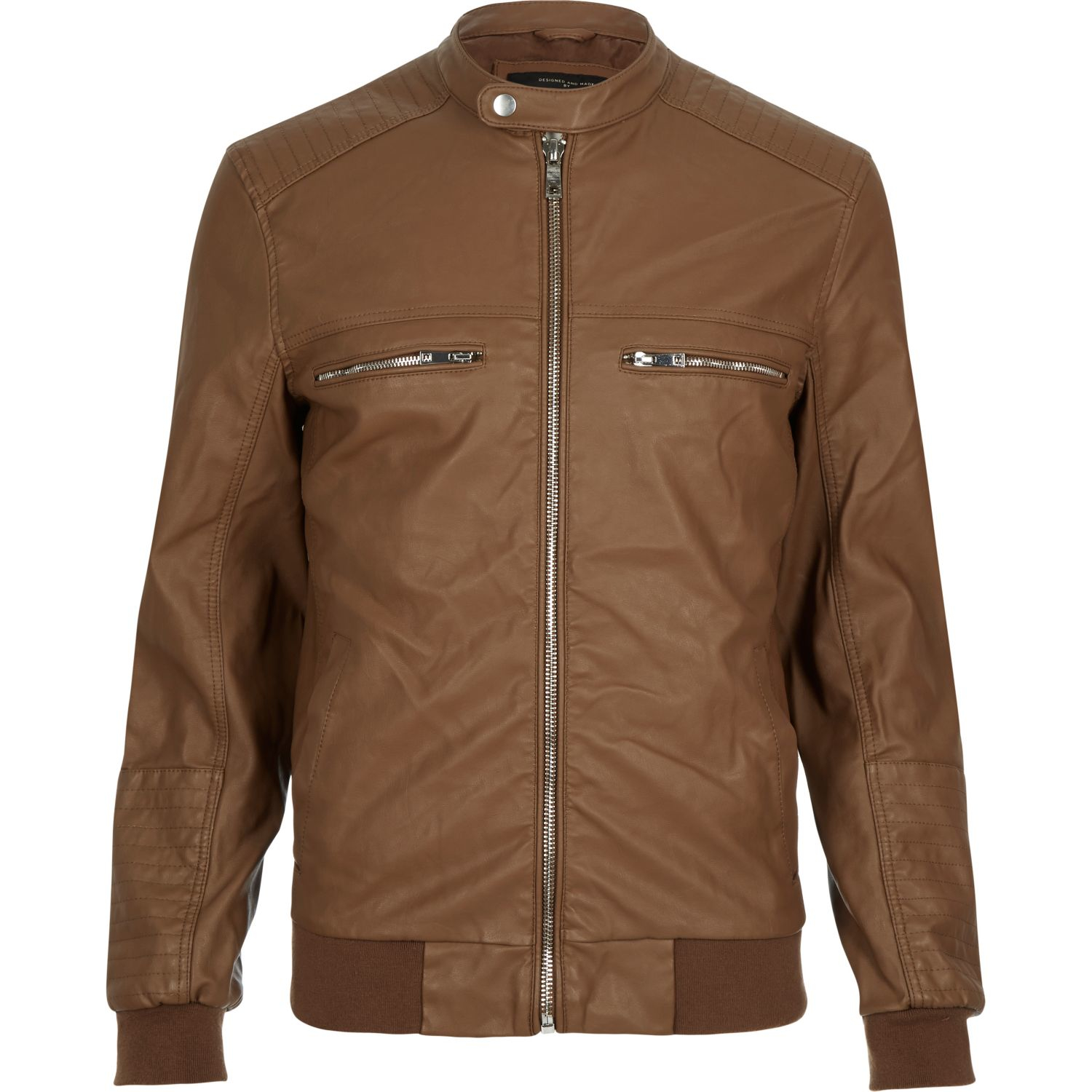 Lyst - River Island Light Brown Leather-look Bomber Jacket in Brown for Men