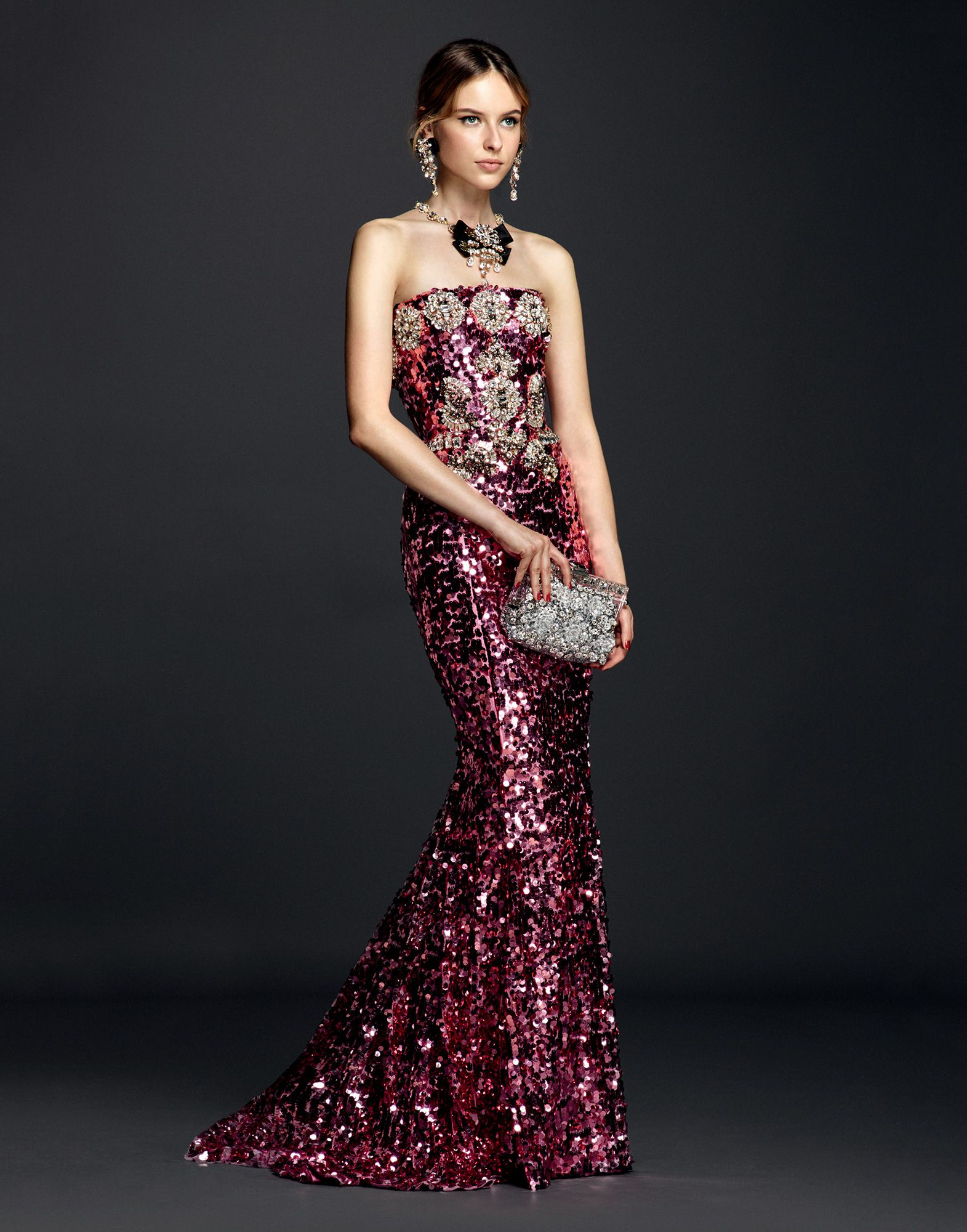 Dolce & Gabbana Sequin Gown With Crystals And Jeweled Belt in Pink | Lyst
