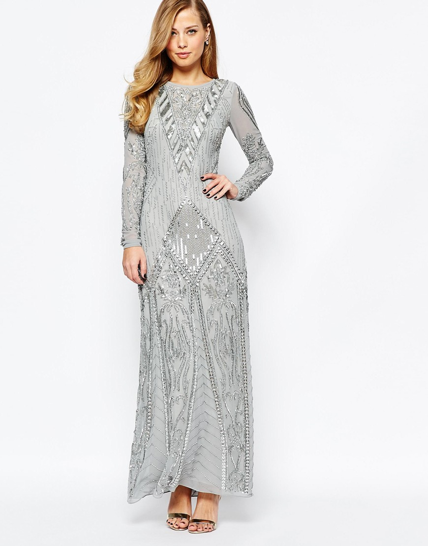 long sleeve silver maxi dress