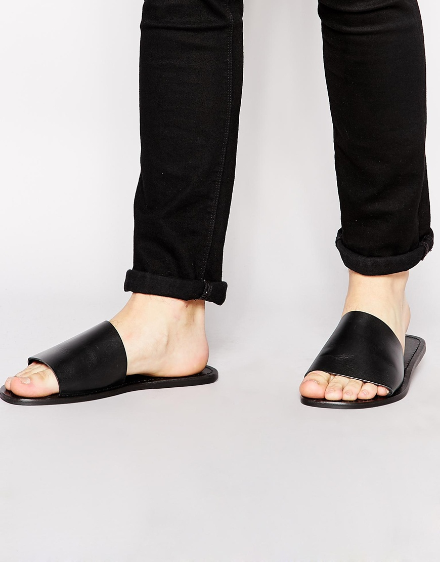 ASOS Slide Sandals In Leather in Black 