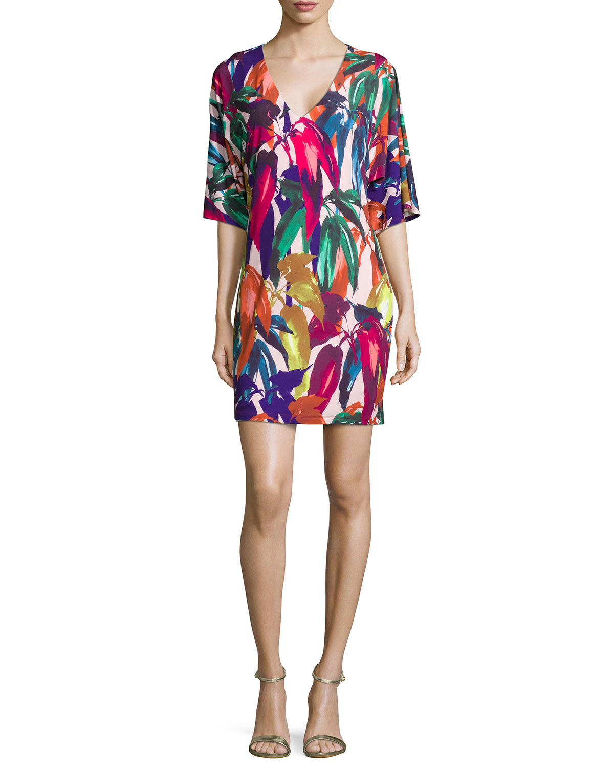 Trina turk Half-sleeve Leaf-print Caftan Dress in Floral | Lyst