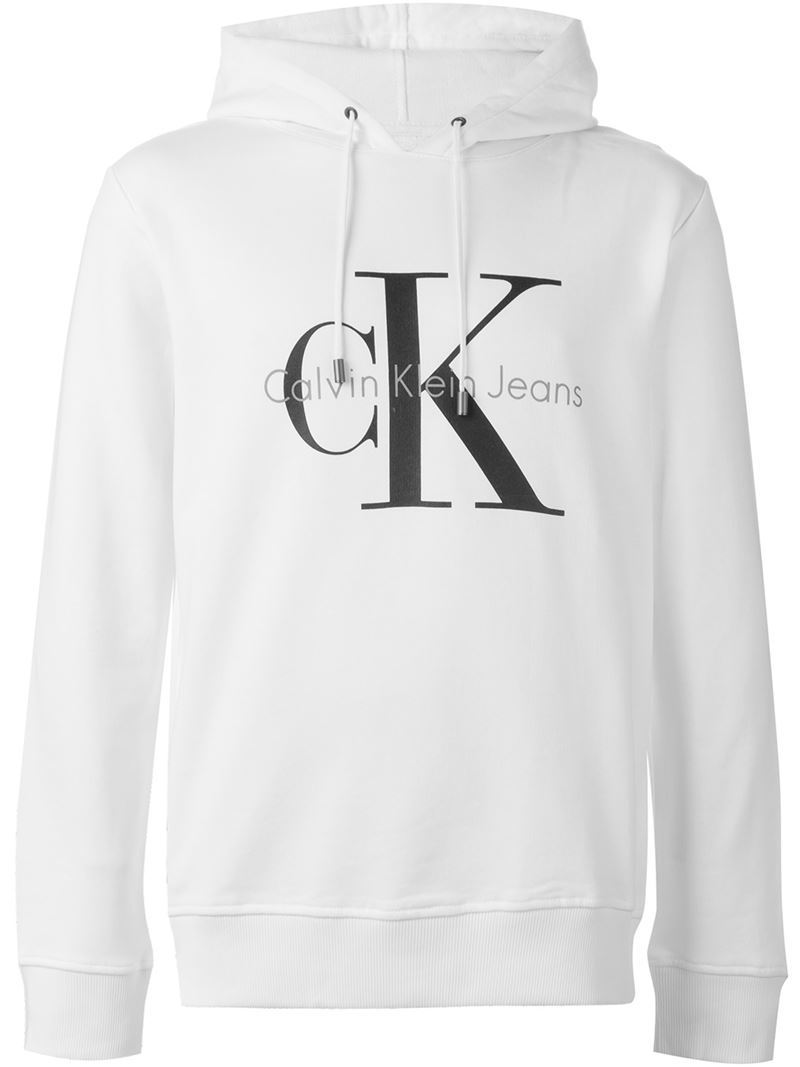 Calvin Klein Logo Print Hoodie in White for Men - Lyst