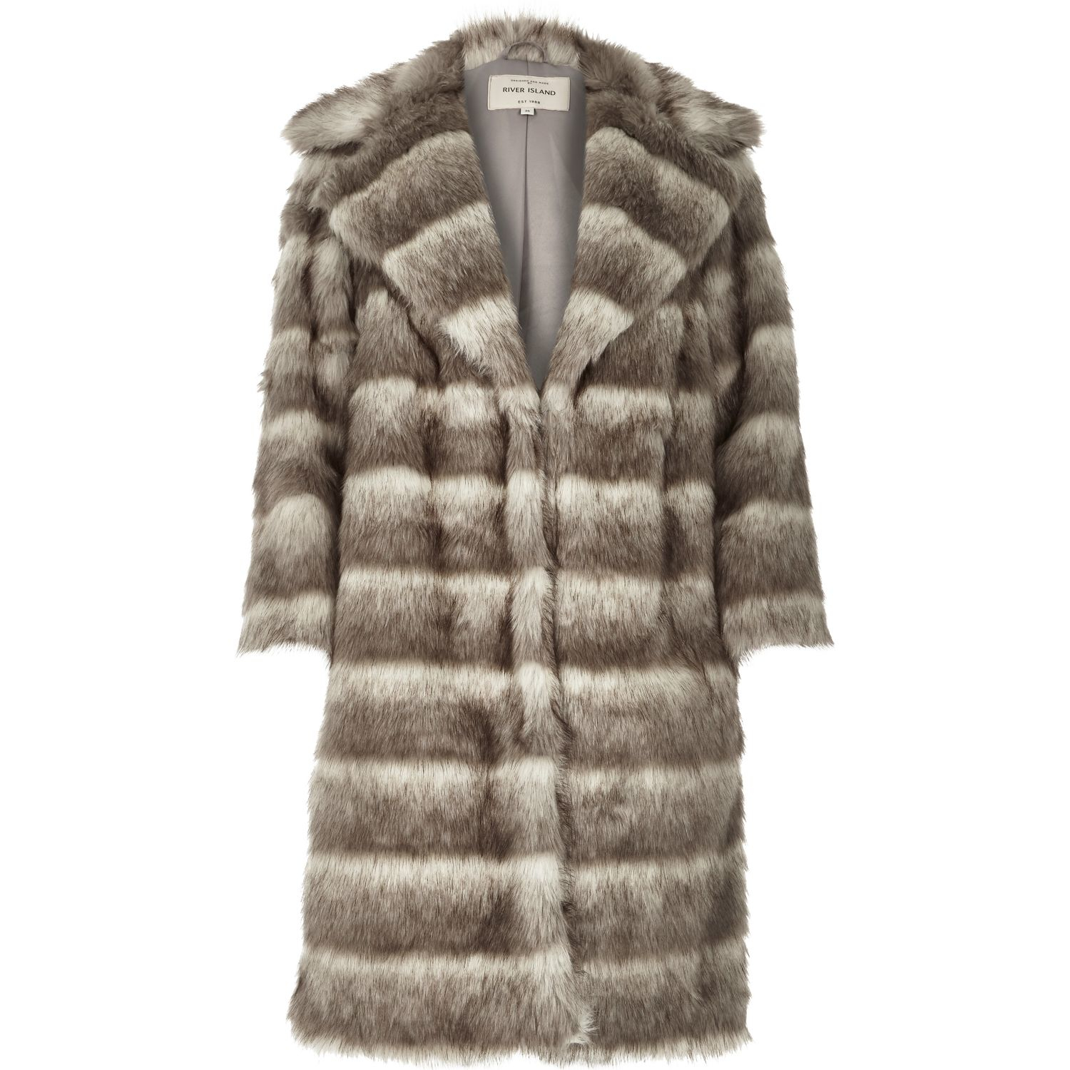 River island Grey Stripe Faux Fur Winter Coat in Gray | Lyst