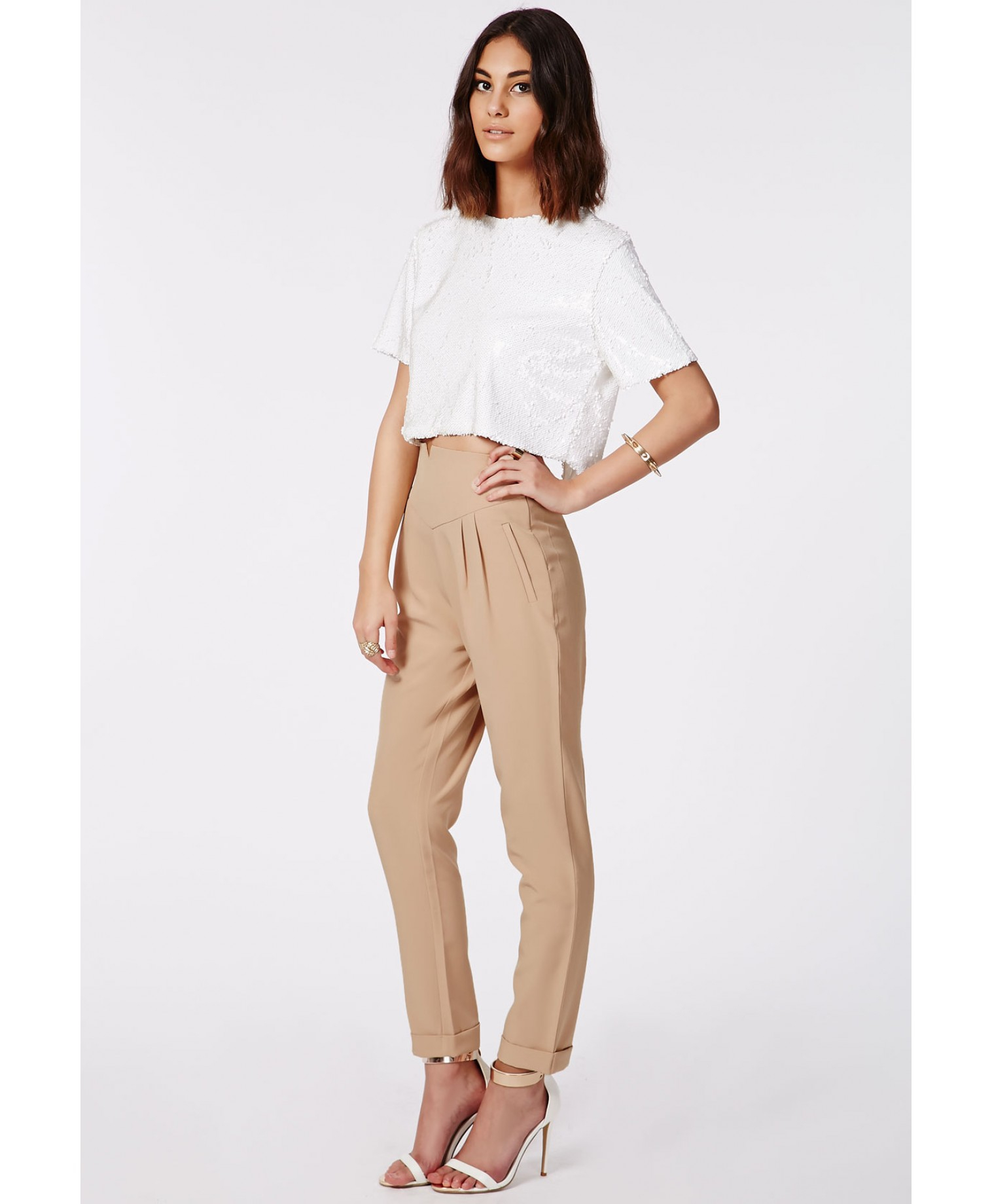 beige high waisted trousers