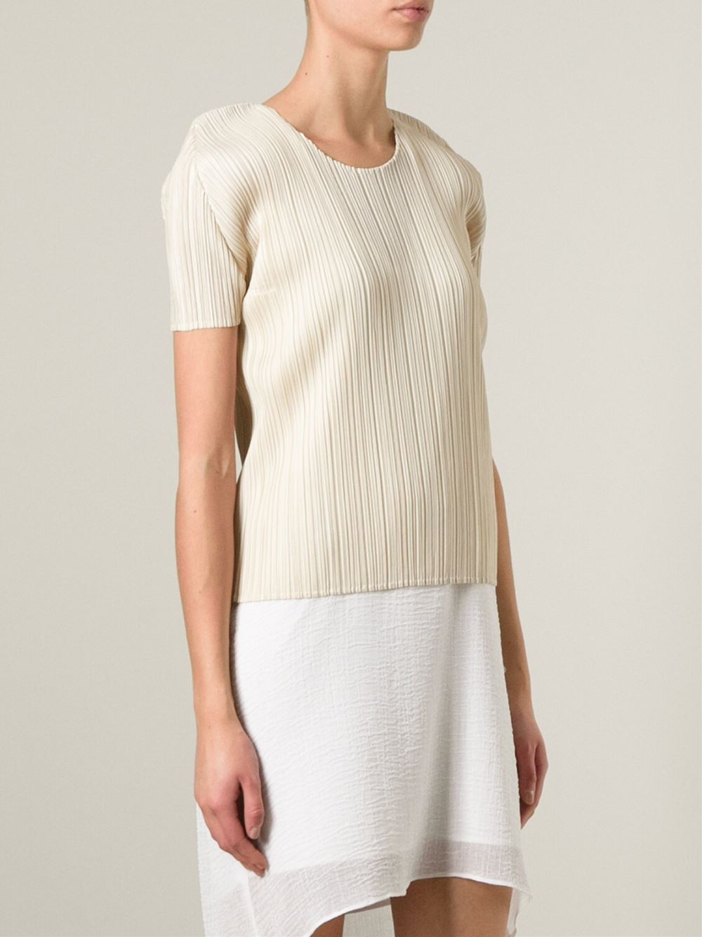 Pleats Please Issey Miyake Pleated T-Shirt in Natural - Lyst