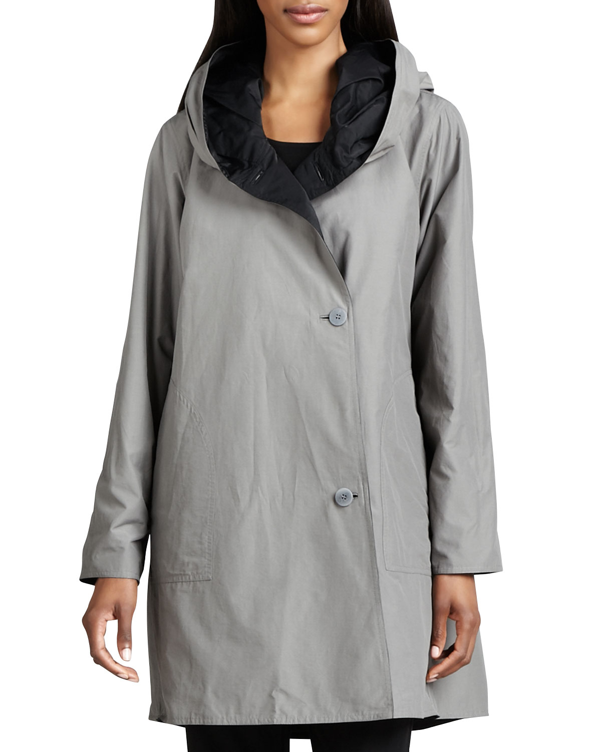 Eileen fisher Reversible Hooded Rain Coat in Gray (black) Lyst