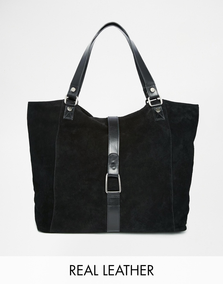 ASOS Suede Shoulder Bag With Leather Front Strap in Black - Lyst