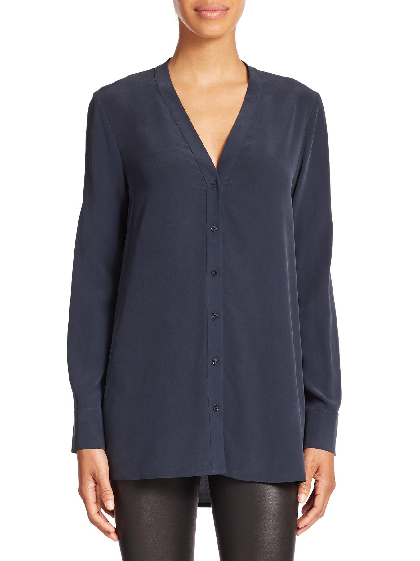 Vince Silk V-neck Blouse in Blue - Lyst